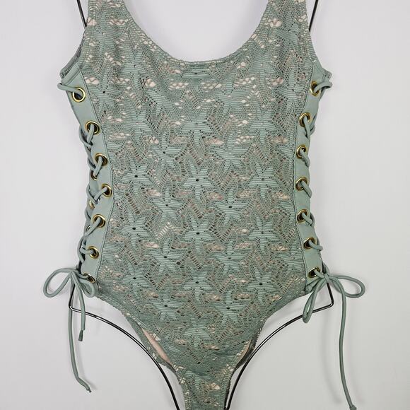 Sage Green Crochet Lace One-Piece Swimsuit Nude Lining Sexy Lace Up Side Medium - Picture 7 of 14